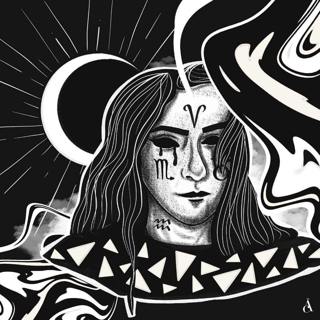 illustration noir et blanc dark ésotérisme autoportrait projet personnel spirituel graphisme design graphique design graphique étudiante en graphisme anaïs collignon 2020 dessin digital ipad pro