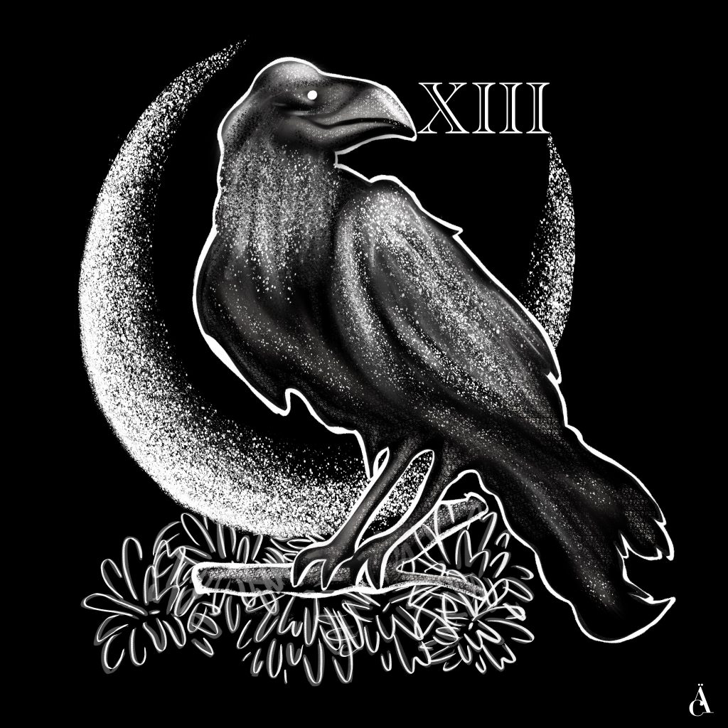illustration noir et blanc dark crow of death corbeau mort treize symbole dessin digital ipad pro 2020 graphisme design graphique étudiante en graphisme anaïs collignon projet personnel
