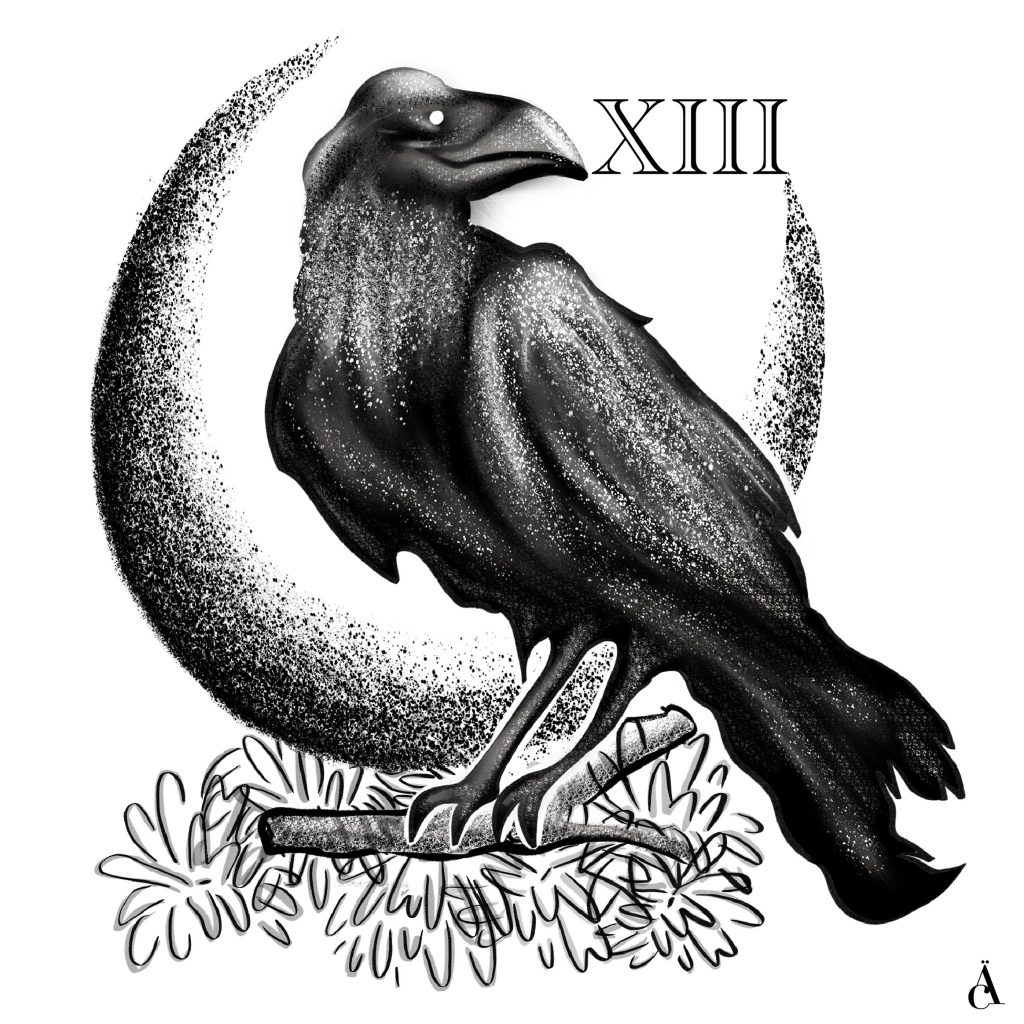 illustration noir et blanc dark crow of death corbeau mort treize symbole dessin digital ipad pro 2020 graphisme design graphique étudiante en graphisme anaïs collignon projet personnel