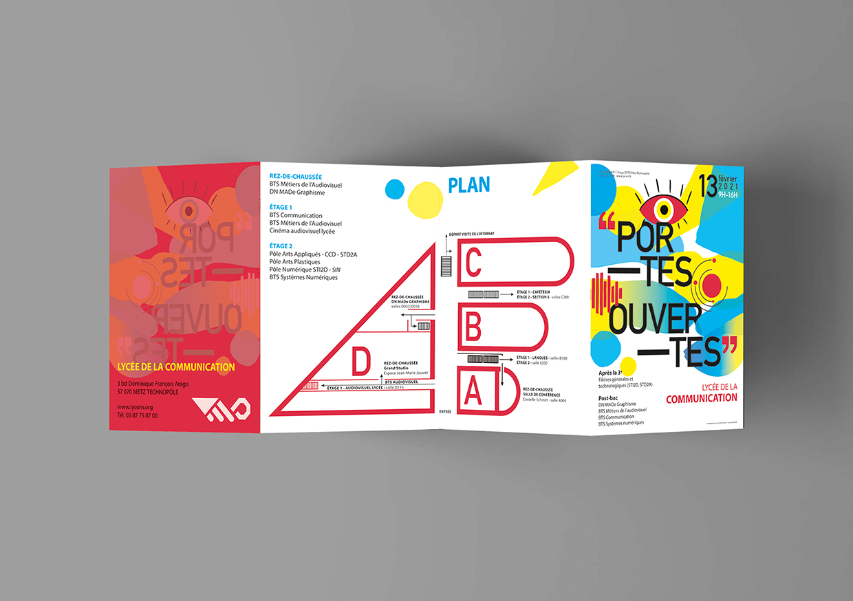 journées portes ouvertes lycom lycée de la communication metz signalétique identité visuelle jpo graphisme design graphique étudiante en design graphique anaïs collignon affiche flyer goodies totebag badge dépliant brochure print édition communication visuelle 2020 2021 dnmade illustrator photoshop indesign