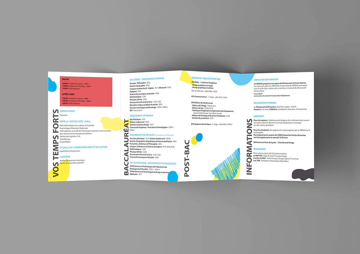 journées portes ouvertes lycom lycée de la communication metz signalétique identité visuelle jpo graphisme design graphique étudiante en design graphique anaïs collignon affiche flyer goodies totebag badge dépliant brochure print édition communication visuelle 2020 2021 dnmade illustrator photoshop indesign