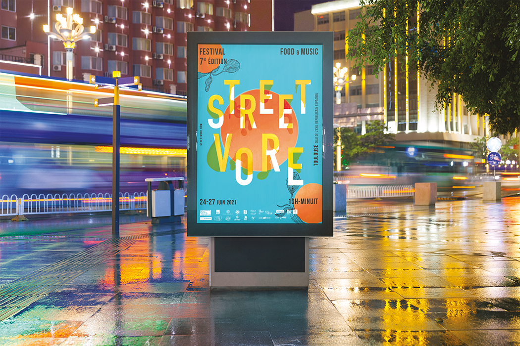 affiche communication streetvore festival de streetfood nourriture de rue gastronomie festif été toulouse manger chefs étoilés foodtrucks illutsrations photoshop illustrator indesign projet 2021 anaïs collignon dnmade graphisme design graphique